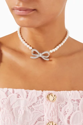 Crystal Bow Pearl Choker in Silver-plated Brass