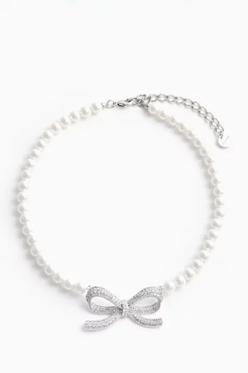 Crystal Bow Pearl Choker in Silver-plated Brass
