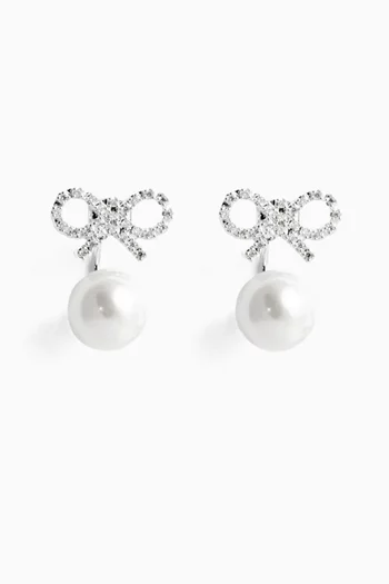 Crystal Bow Pearl Jacket Earrings in Silver-plated Brass