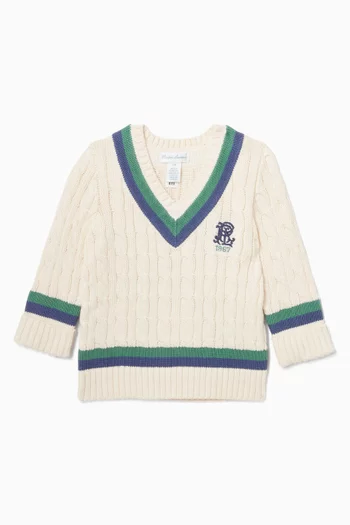 Logo V-neck Pullover in Cotton Knit