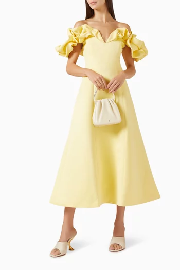 فستان آني متوسط الطول بكشكش وأكتاف مكشوفة