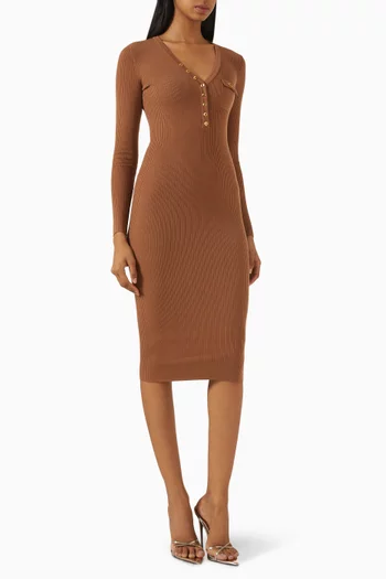 فستان متوسط الطول بجيب على الصدر نسيج مضلع