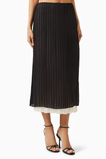 Layered Striped Pleated Midi Skirt