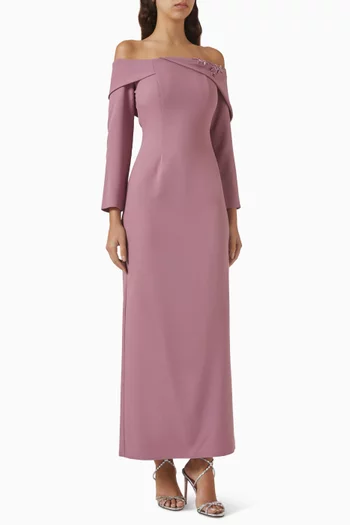 Beaded Off-shoulder Dress in Crepe
