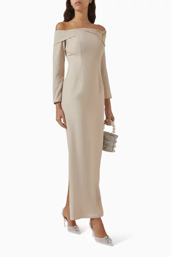 Beaded Off-shoulder Dress in Crepe