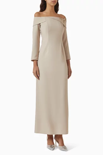 Beaded Off-shoulder Dress in Crepe