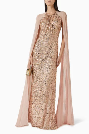 Elite Embellished Cape-sleeve Gown
