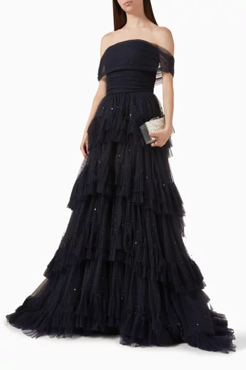 Queenie Embellished Off-shoulder Gown in Tulle