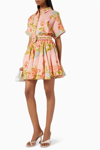 Dhun Floral-print Collared Mini Dress in Linen-cotton