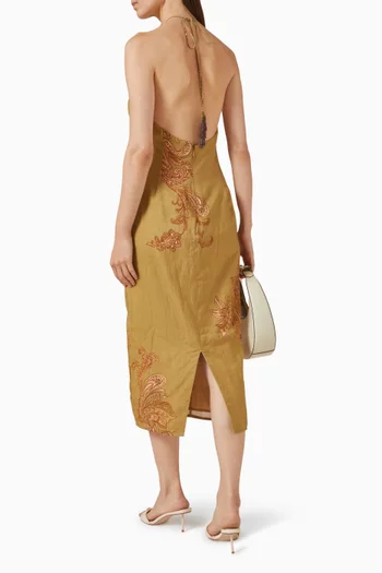 Embroidered Printed Dress in Linen Blend