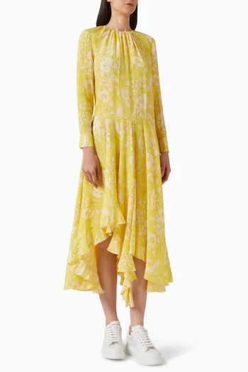 فستان مزين بنقشة زهور مقوسة حرير