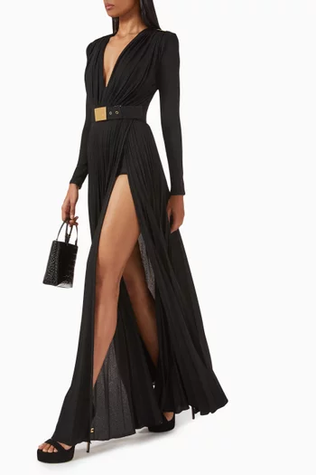 Structured Belted Maxi Dress in Pleated-jersey