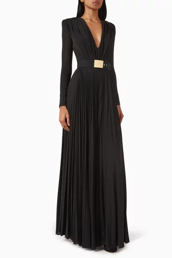 Structured Belted Maxi Dress in Pleated-jersey