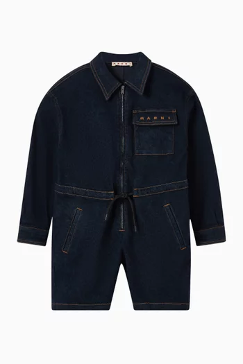Embroidered-logo Playsuit in Denim