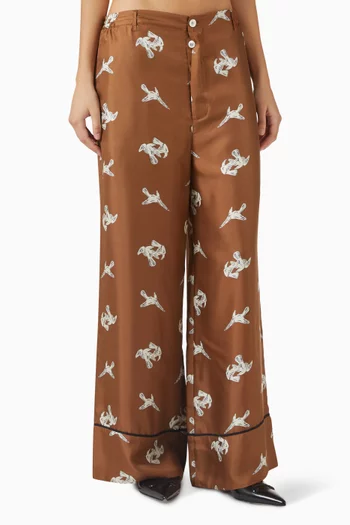 Raven-print Pants in Silk-twill