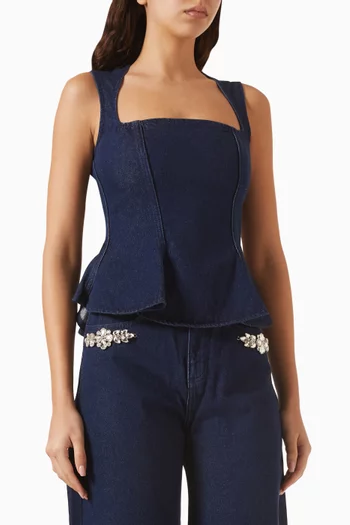 بلوزة بفتحة رقبة مربعة وحافة على شكل جرس دينم