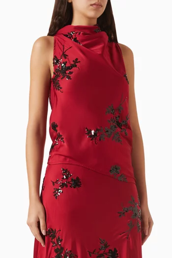 بلوزة بفتحة رقبة بياقة مطوية ومطرزة ستان