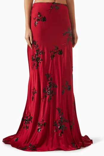 تنورة بقصة مائلة وحافة بنمط حورية البحر مطرزة ستان