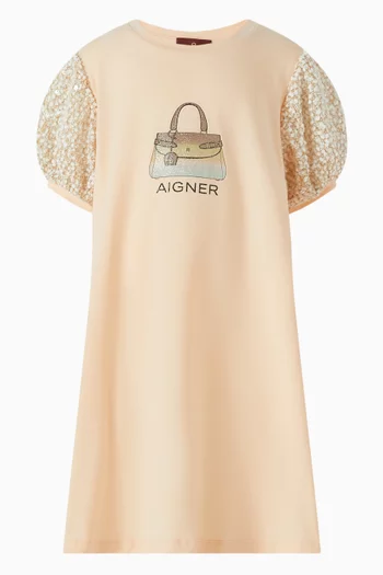 Bag-print Sequinned Dress in Cotton Jersey