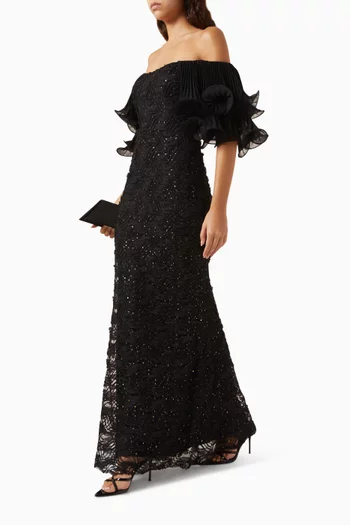 Embellished Off-shoulder Gown in Lace