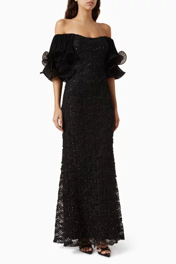 Embellished Off-shoulder Gown in Lace