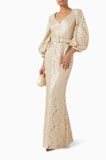 فستان سهرة بحزام وتطريز بزهور