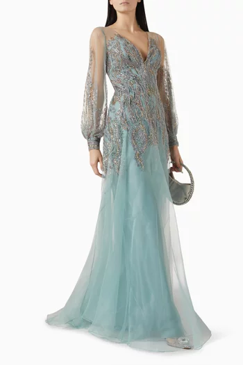 فستان سهرة مطرز بالخرز أورجانزا وتول