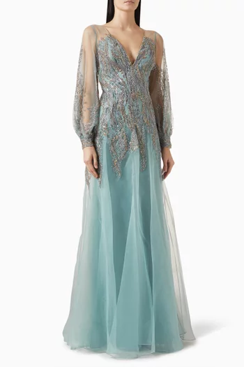 فستان سهرة مطرز بالخرز أورجانزا وتول