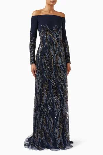 Beaded Off-shoulder Gown