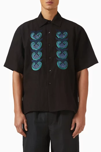 Shell Embroidered Oversized Shirt in Linen-blend