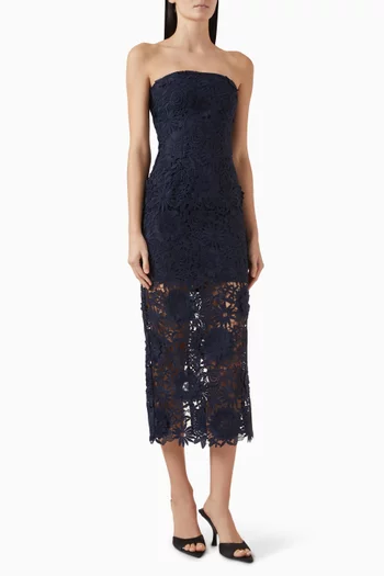 Strapless Midi Dress in 3D Lace