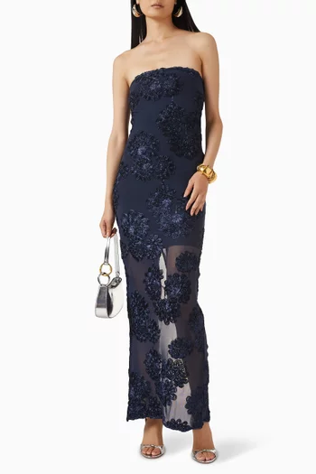 3D Floral-applique Maxi Dress in Mesh