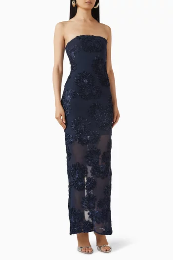 3D Floral-applique Maxi Dress in Mesh