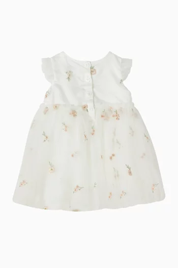 فستان بطبقة خارجية بتطريز زهور تول