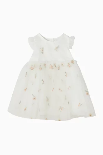 فستان بطبقة خارجية بتطريز زهور تول