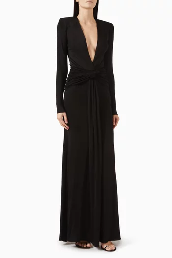 فستان أزور طويل بفتحة رقبة عميقة