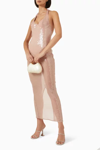 فستان كورالي مطرز بالترتر قماش شبكي