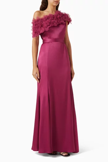Asymmetric Ruffle Gown in Crepe & Tulle