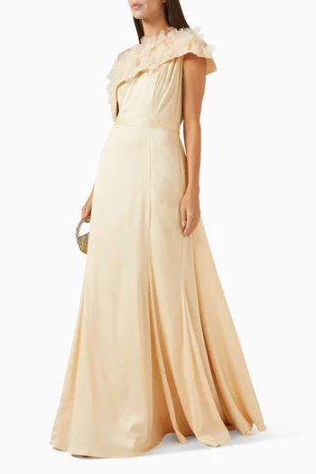 Asymmetric Ruffle Gown in Crepe & Tulle