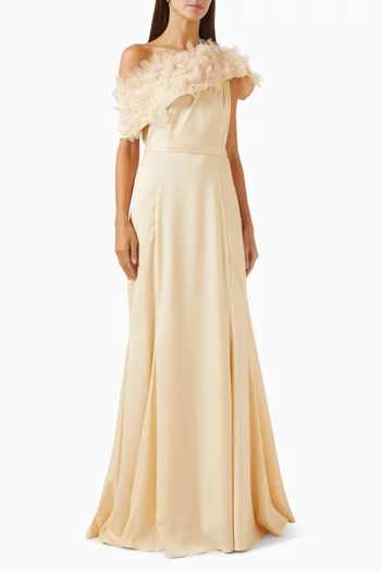 Asymmetric Ruffle Gown in Crepe & Tulle