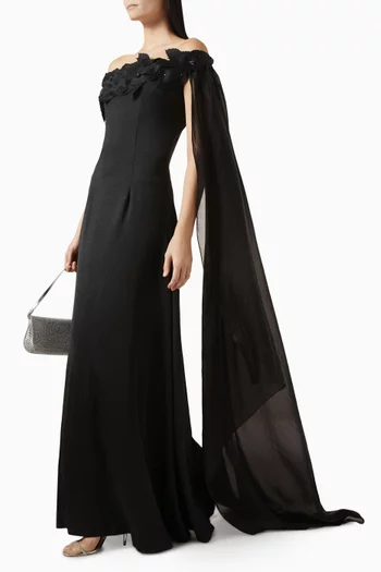 Asymmetric Cape-sleeve Gown in Crepe & Organza