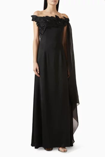 Asymmetric Cape-sleeve Gown in Crepe & Organza
