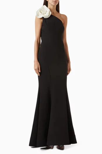 فستان سهرة بكتف مكشوف وقصة حورية البحر بزهرة بارزة كريب