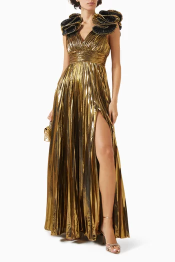 Pleated Metallic V-neck Ruffled Gown