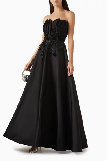 Strapless Floral Beaded Gown in Satin