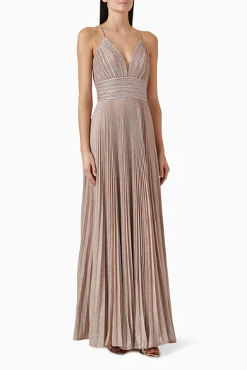 Shimmer Pleated V-neck Gown