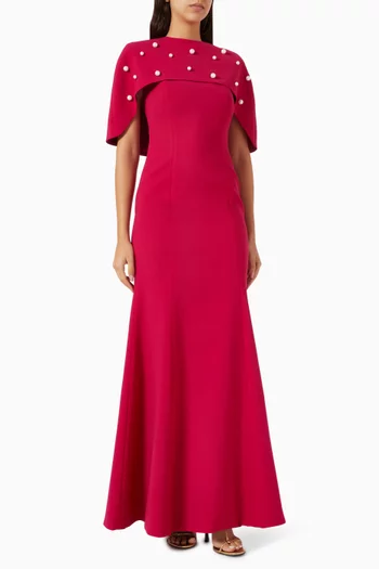 Pearl Embellished Cape Gown in Crepe