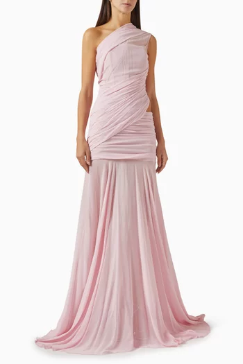 Lin Voile Draped Gown in Silk Crepe
