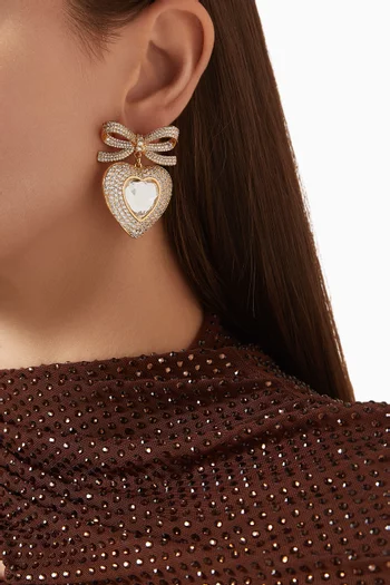 Bow Crystal Heart Earrings in Gold-tone Brass