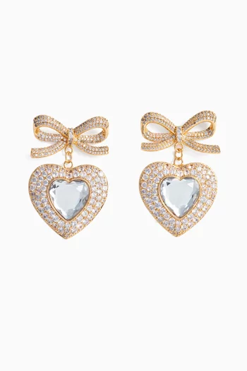 Bow Crystal Heart Earrings in Gold-tone Brass